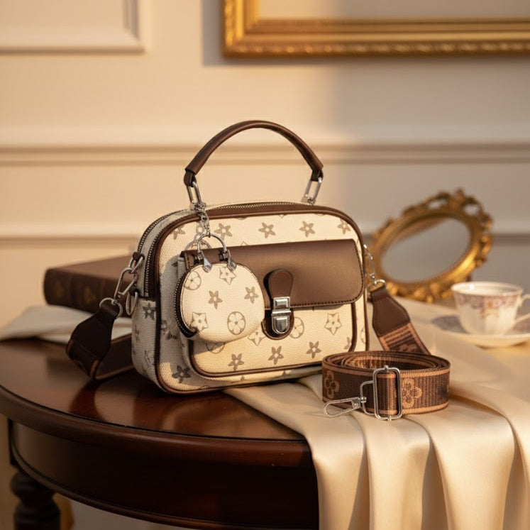 WOMEN’S BEIGE & BROWN PRINTED HANDBAG WITH SLING STRAP
