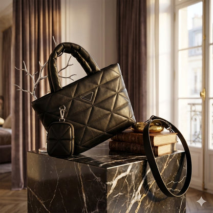 BLACK QUILTED TOTE BAG WITH MINI POUCH