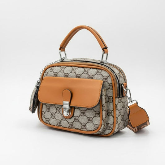 WOMEN’S BEIGE & TAN PRINTED HANDBAG WITH SLING STRAP