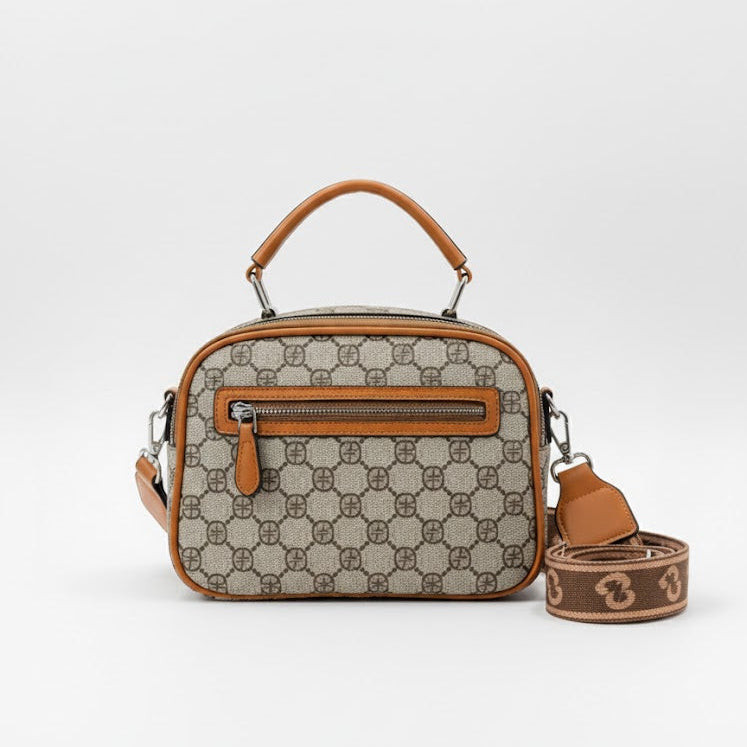 WOMEN’S BEIGE & TAN PRINTED HANDBAG WITH SLING STRAP
