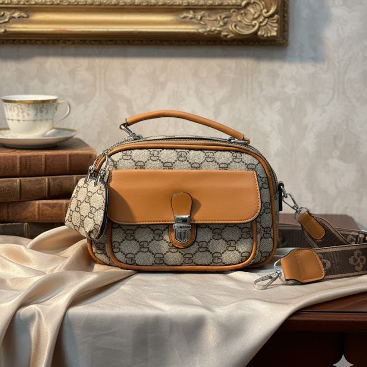 WOMEN’S BEIGE & TAN PRINTED HANDBAG WITH SLING STRAP