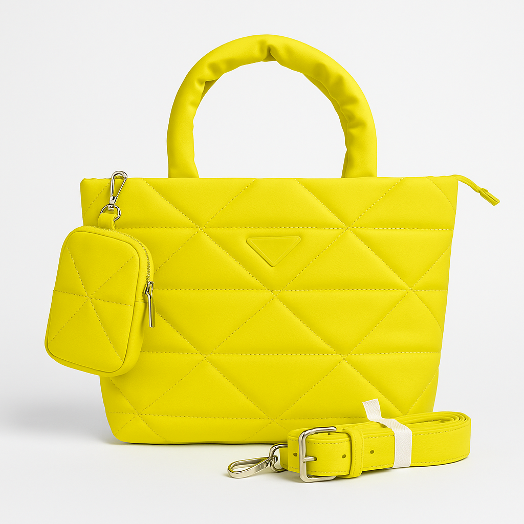 QUILTED BRIGHT YELLOW TOTE BAG WITH MINI POUCH