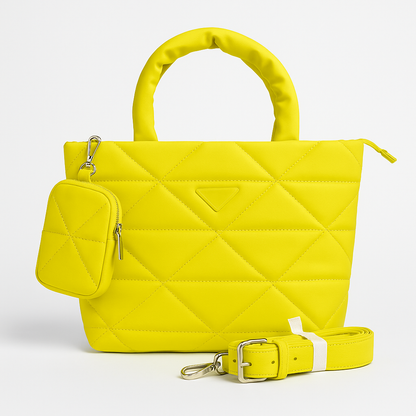 QUILTED BRIGHT YELLOW TOTE BAG WITH MINI POUCH