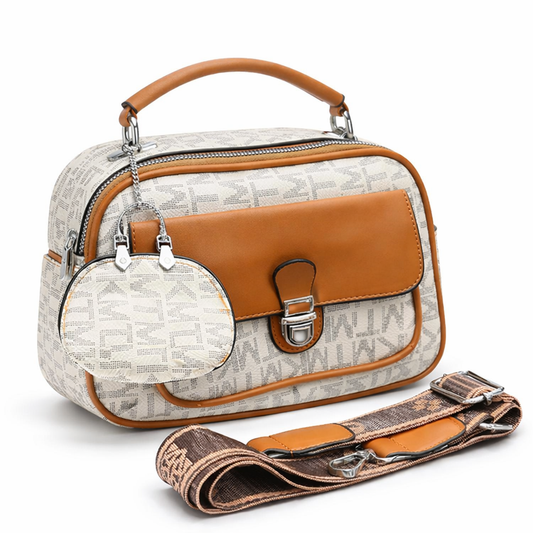 WOMEN’S BEIGE & TAN PRINTED HANDBAG WITH MINI POUCH
