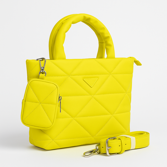 QUILTED BRIGHT YELLOW TOTE BAG WITH MINI POUCH