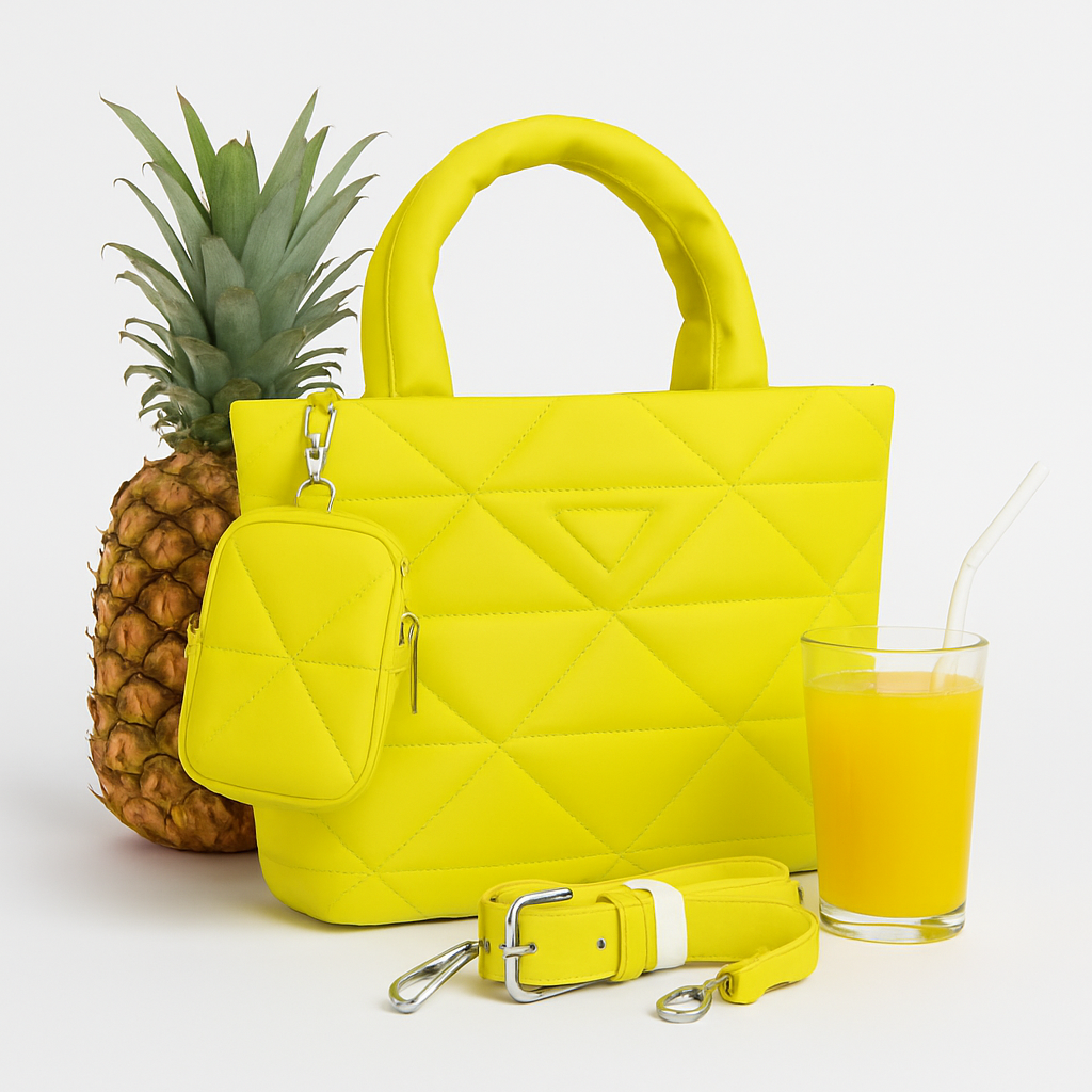 QUILTED BRIGHT YELLOW TOTE BAG WITH MINI POUCH