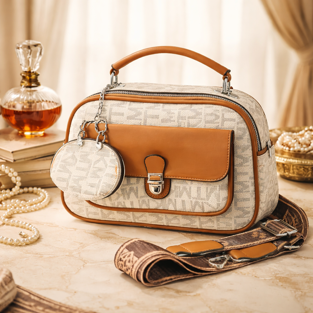 WOMEN’S BEIGE & TAN PRINTED HANDBAG WITH MINI POUCH