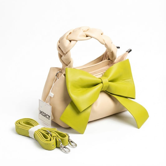 BEIGE & LIME GREEN BOW MINI HANDBAG