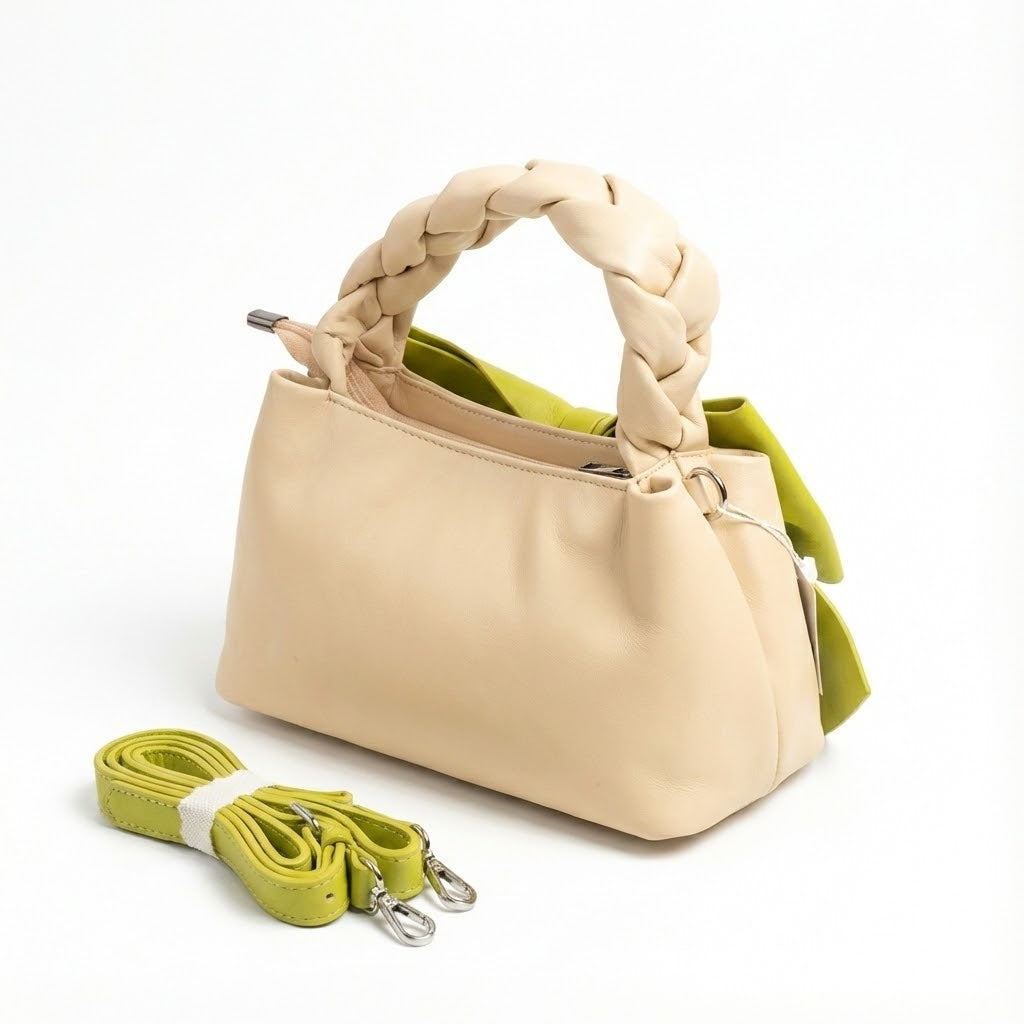 BEIGE & LIME GREEN BOW MINI HANDBAG