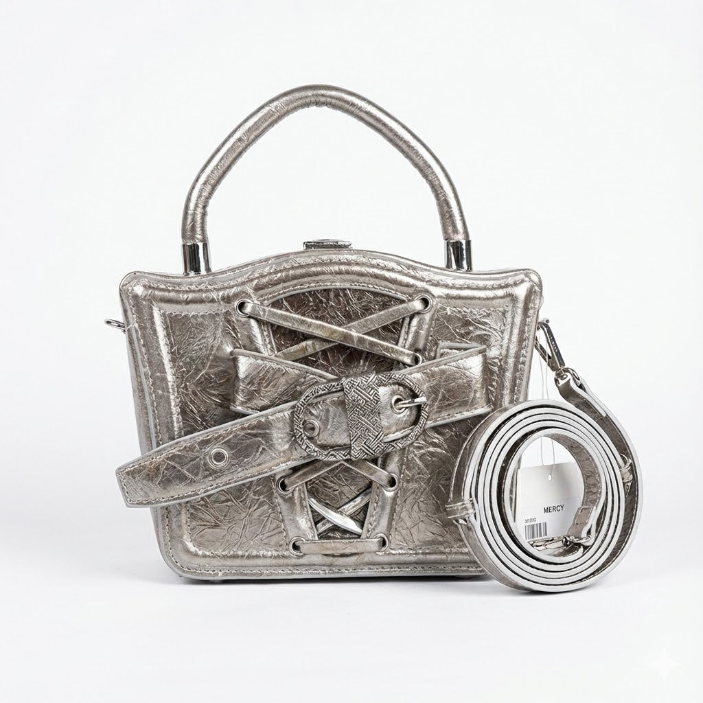 MERCY METALLIC SILVER CORSET-STYLE STRUCTURED HANDBAG
