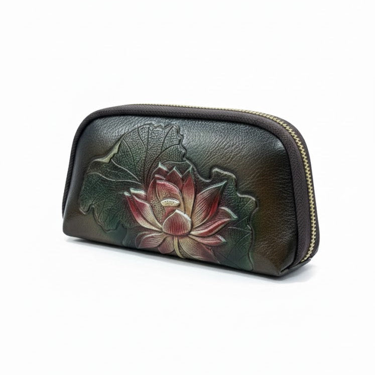 WOMEN’S DARK GREEN FLORAL ZIPPER WALLET