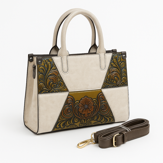 VINTAGE FLORAL EMBOSSED PATCHWORK HANDBAG