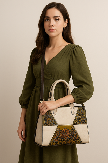 VINTAGE FLORAL EMBOSSED PATCHWORK HANDBAG