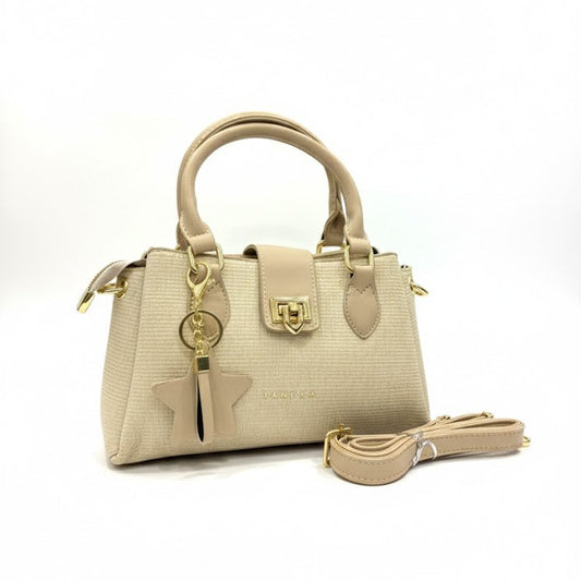 WOMEN’S BEIGE HANDBAG WITH CHARM & SLING STRAP