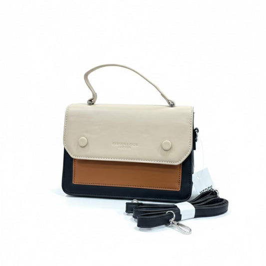 WOMEN’S BEIGE, TAN & BLACK HANDBAG WITH SLING STRAP