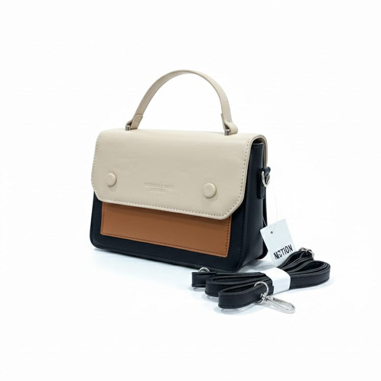 WOMEN’S BEIGE, TAN & BLACK HANDBAG WITH SLING STRAP