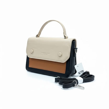 WOMEN’S BEIGE, TAN & BLACK HANDBAG WITH SLING STRAP