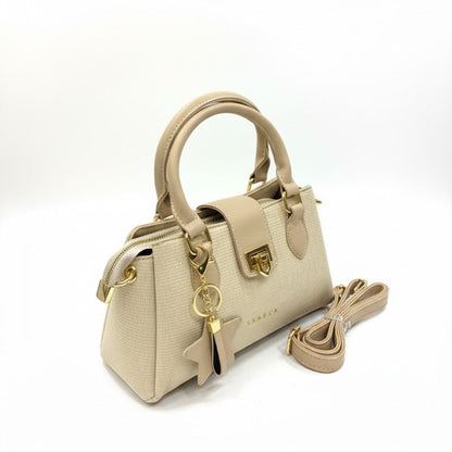 WOMEN’S BEIGE HANDBAG WITH CHARM & SLING STRAP
