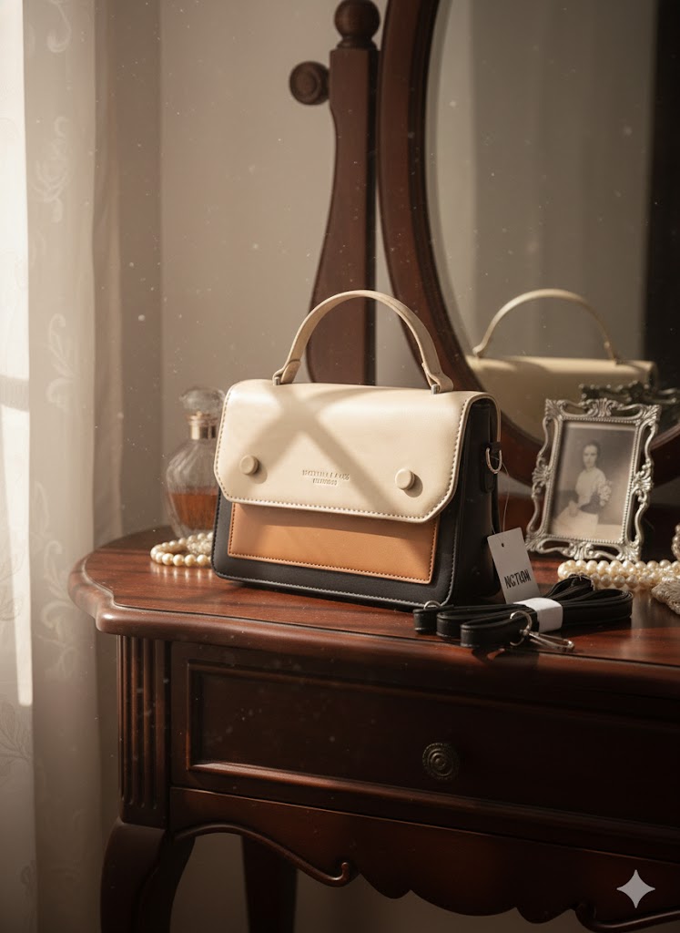 WOMEN’S BEIGE, TAN & BLACK HANDBAG WITH SLING STRAP