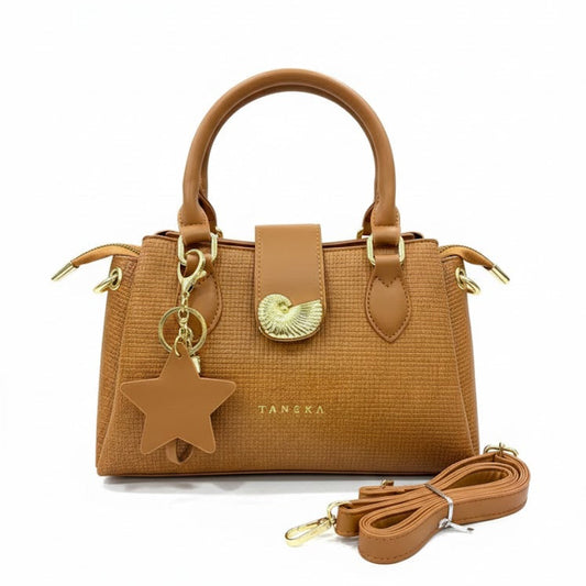 WOMEN’S TAN HANDBAG WITH STAR CHARM & SLING STRAP