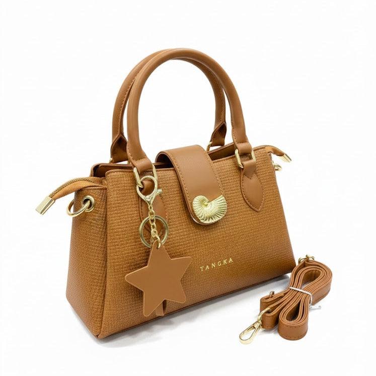 WOMEN’S TAN HANDBAG WITH STAR CHARM & SLING STRAP