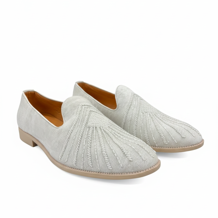 MEN’S LIGHT GREY TEXTURED SLIP-ON LOAFERS – ELEGANT FORMAL & FESTIVE FOOTWEAR