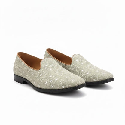 MEN’S BEIGE EMBROIDERED FORMAL SLIP-ON SHOES