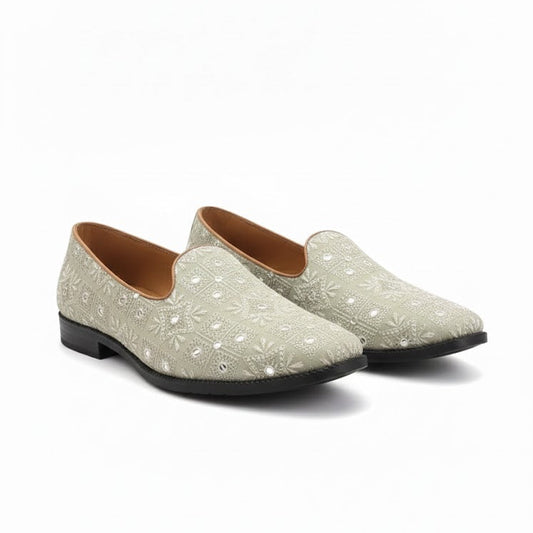 MEN’S BEIGE EMBROIDERED FORMAL SLIP-ON SHOES