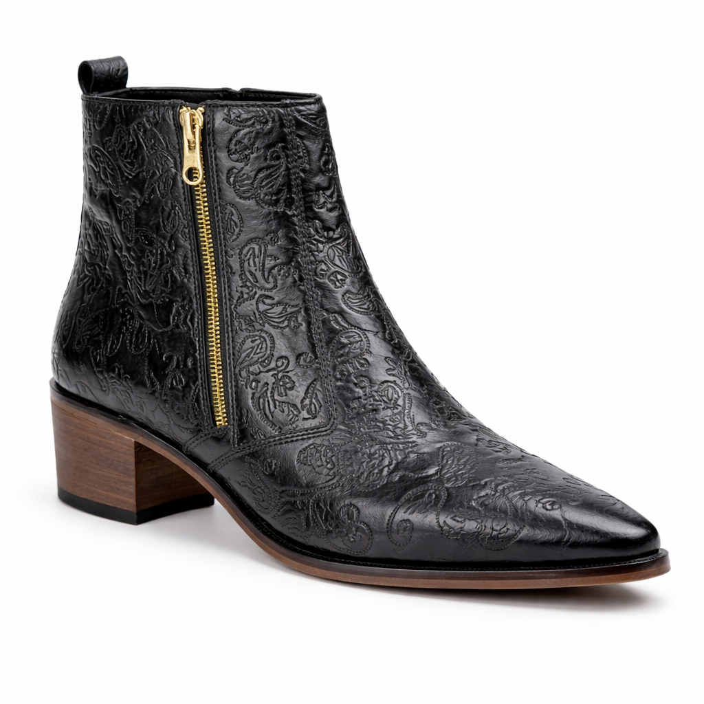 MEN’S BLACK EMBOSSED ZIPPER ANKLE BOOTS