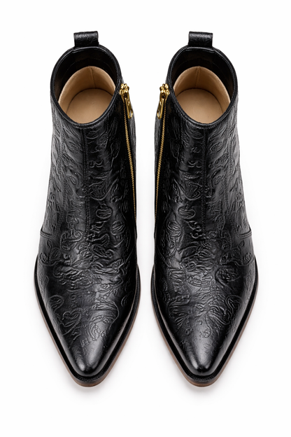 MEN’S BLACK EMBOSSED ZIPPER ANKLE BOOTS