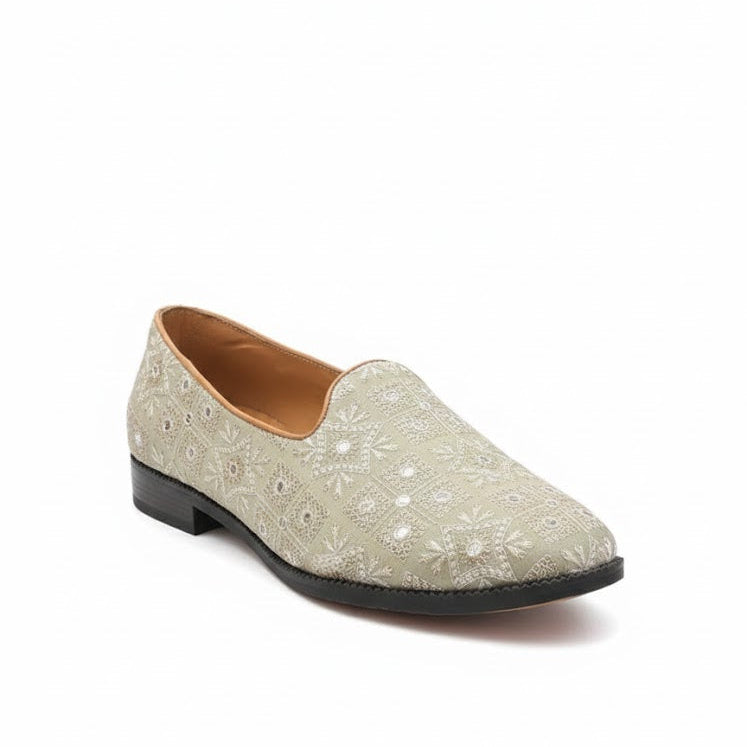 MEN’S BEIGE EMBROIDERED FORMAL SLIP-ON SHOES