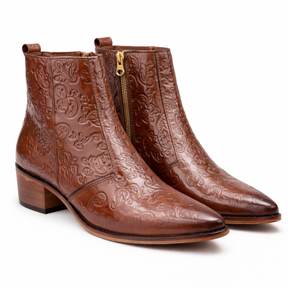 MEN’S BROWN EMBOSSED ZIPPER ANKLE BOOTS