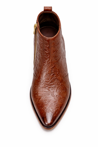 MEN’S BROWN EMBOSSED ZIPPER ANKLE BOOTS