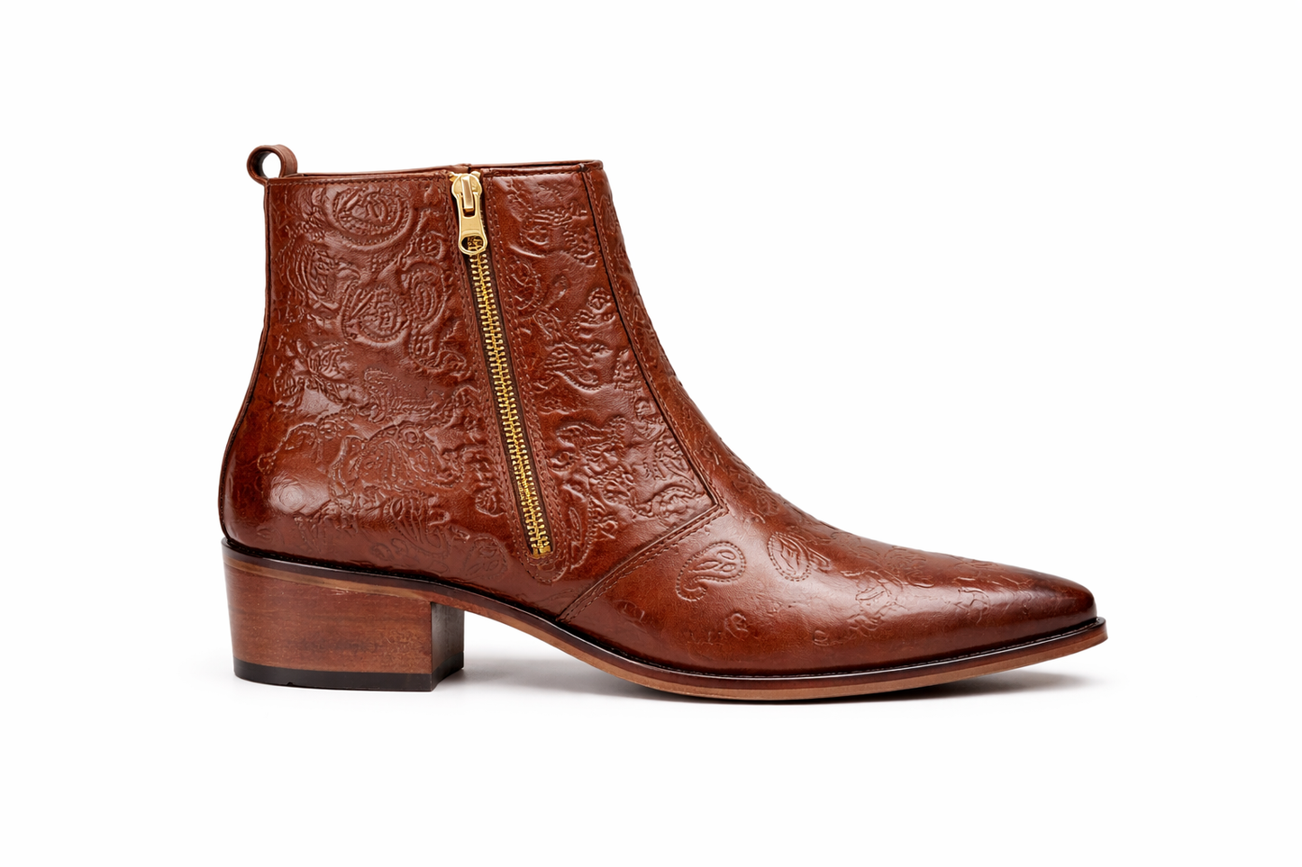 MEN’S BROWN EMBOSSED ZIPPER ANKLE BOOTS