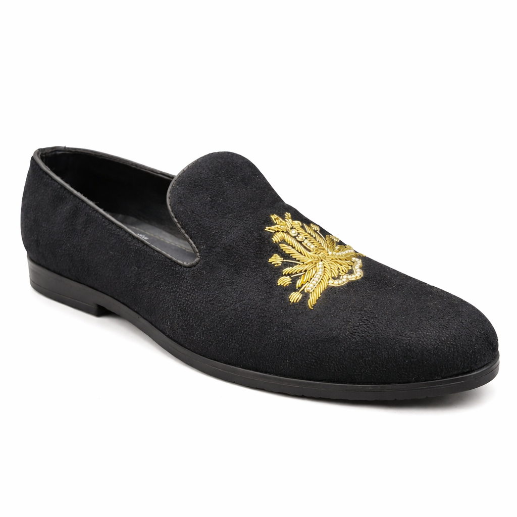 MEN’S BLACK EMBROIDERED FORMAL SLIP-ON SHOES