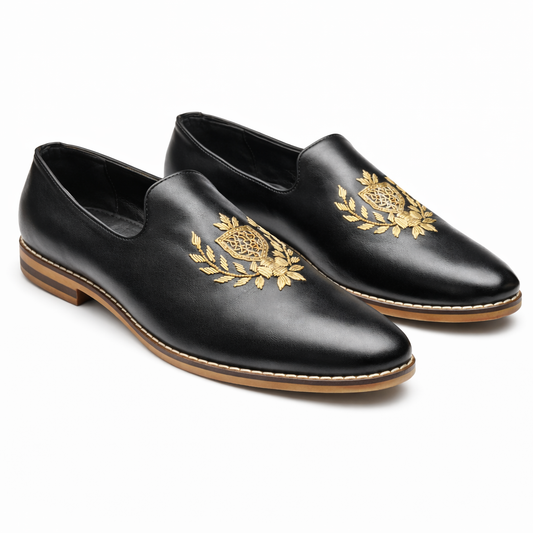 MEN’S BLACK LEATHER EMBROIDERED FORMAL SLIP-ON SHOES