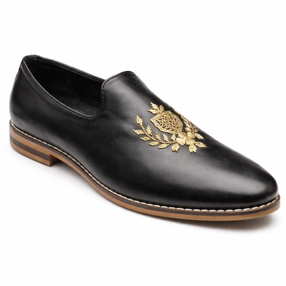 MEN’S BLACK LEATHER EMBROIDERED FORMAL SLIP-ON SHOES