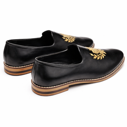 MEN’S BLACK LEATHER EMBROIDERED FORMAL SLIP-ON SHOES