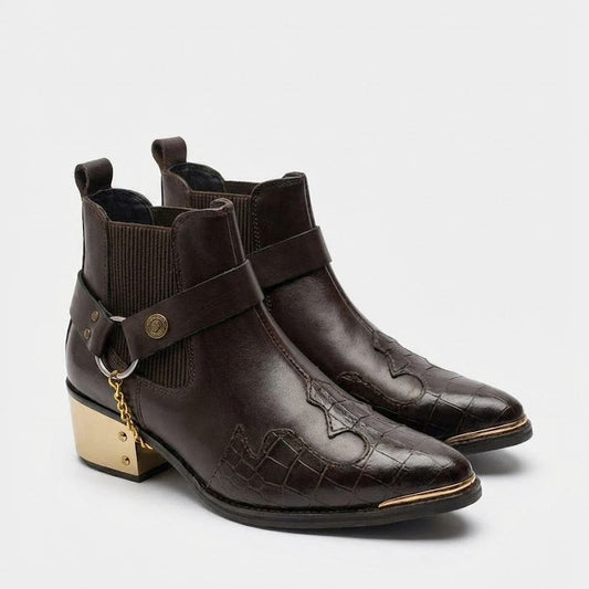 POINTED TOE SEMI TEXTURED WITH GOLDEN HEEL AND TOE IN COWBOY PATTERN LEATHER CHELSEA