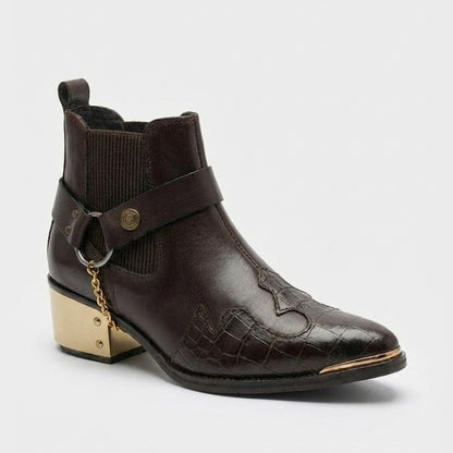 POINTED TOE SEMI TEXTURED WITH GOLDEN HEEL AND TOE IN COWBOY PATTERN LEATHER CHELSEA