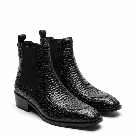 TAPPER NOSE TEXTURED LEATHER BLACK CHELSEA BOOTS