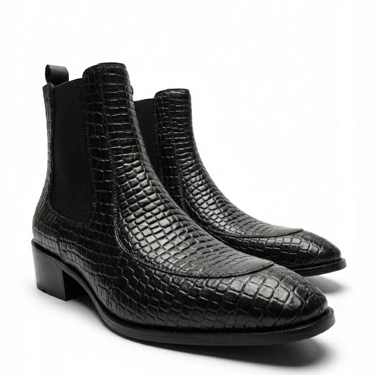 TAPPER NOSE TEXTURED LEATHER BLACK CHELSEA BOOTS