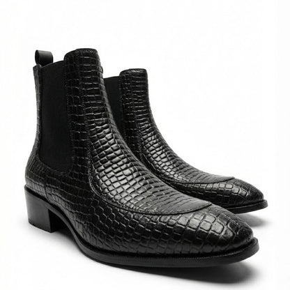 TAPPER NOSE TEXTURED LEATHER BLACK CHELSEA BOOTS