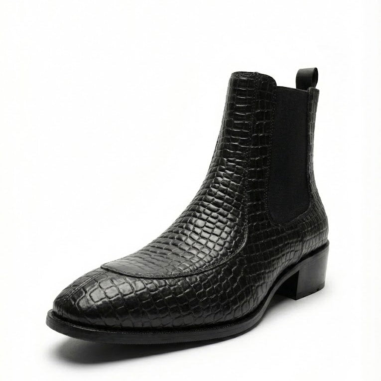 TAPPER NOSE TEXTURED LEATHER BLACK CHELSEA BOOTS
