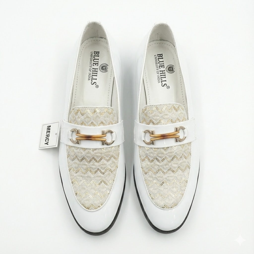 WHITE PATENT LOAFERS WITH GOLDEN TEXTURED FRONT