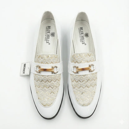 WHITE PATENT LOAFERS WITH GOLDEN TEXTURED FRONT