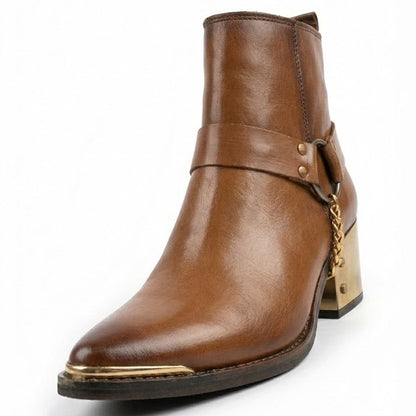 POINTED TOE WITH GOLDEN HEEL AND TOE COWBOY PATTERN CHELSEA BOOTS