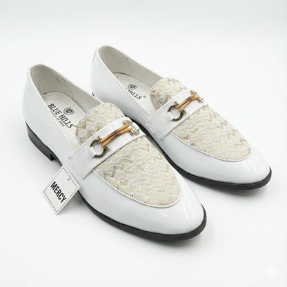 WHITE PATENT LOAFERS WITH GOLDEN TEXTURED FRONT