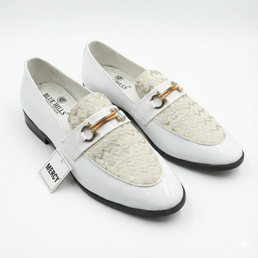 WHITE PATENT LOAFERS WITH GOLDEN TEXTURED FRONT