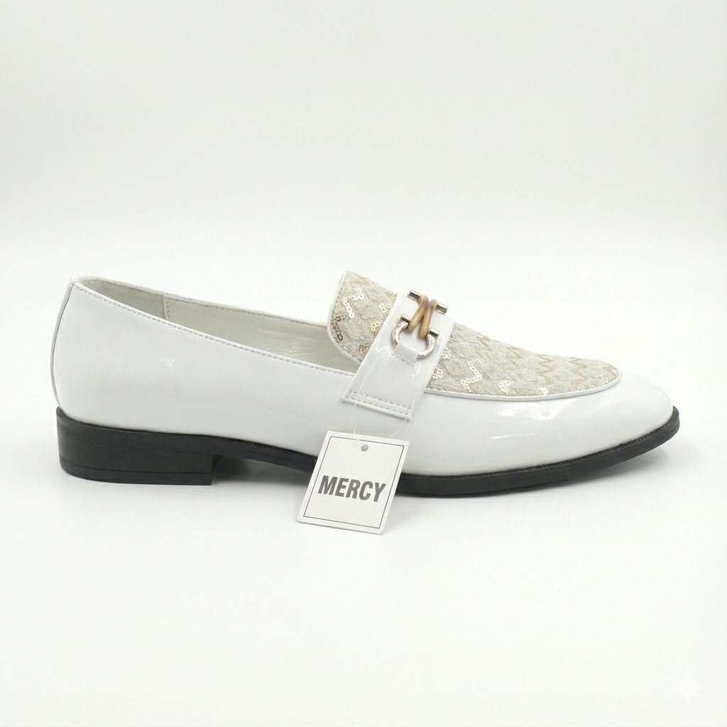 WHITE PATENT LOAFERS WITH GOLDEN TEXTURED FRONT